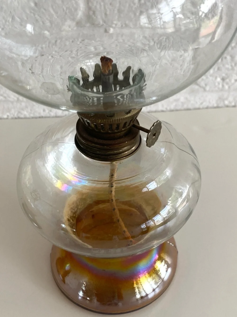 Pair of Vintage Iridescent Glass Oil Hurricane Lamps